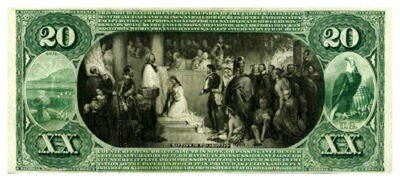 Купюра 20 долларов 1875 г. с изображением принцессы Покахонтас Купюра 20 долларов 1875 г. с изображением принцессы Покахонтас